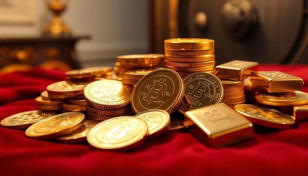 Gold coins and bars